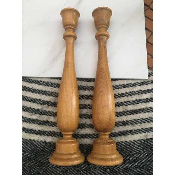 Vintage mcm candlesticks turned wood scroll 11" tapered candle holders - Picture 5 of 10